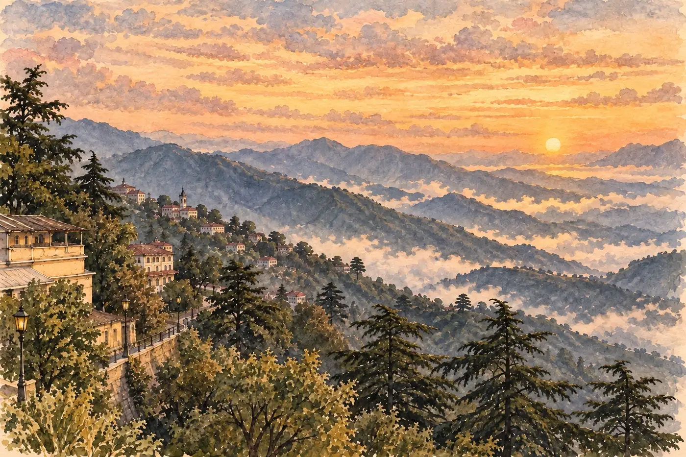 Watercolour of the Mussoorie hills at golden hour, with cedar trees and layered blue-grey ridgelines