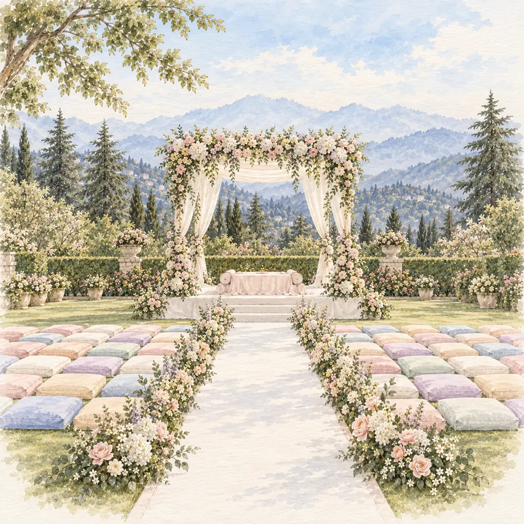 A garden ceremony in soft pastels: a flower-covered canopy, a white aisle and rows of pale cushions, with the hills behind