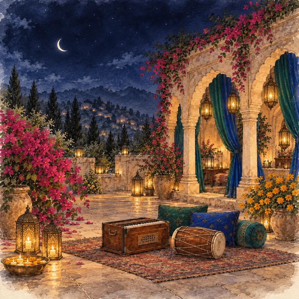 A rich, candlelit night setting with plum drapery, lanterns and warm heritage details
