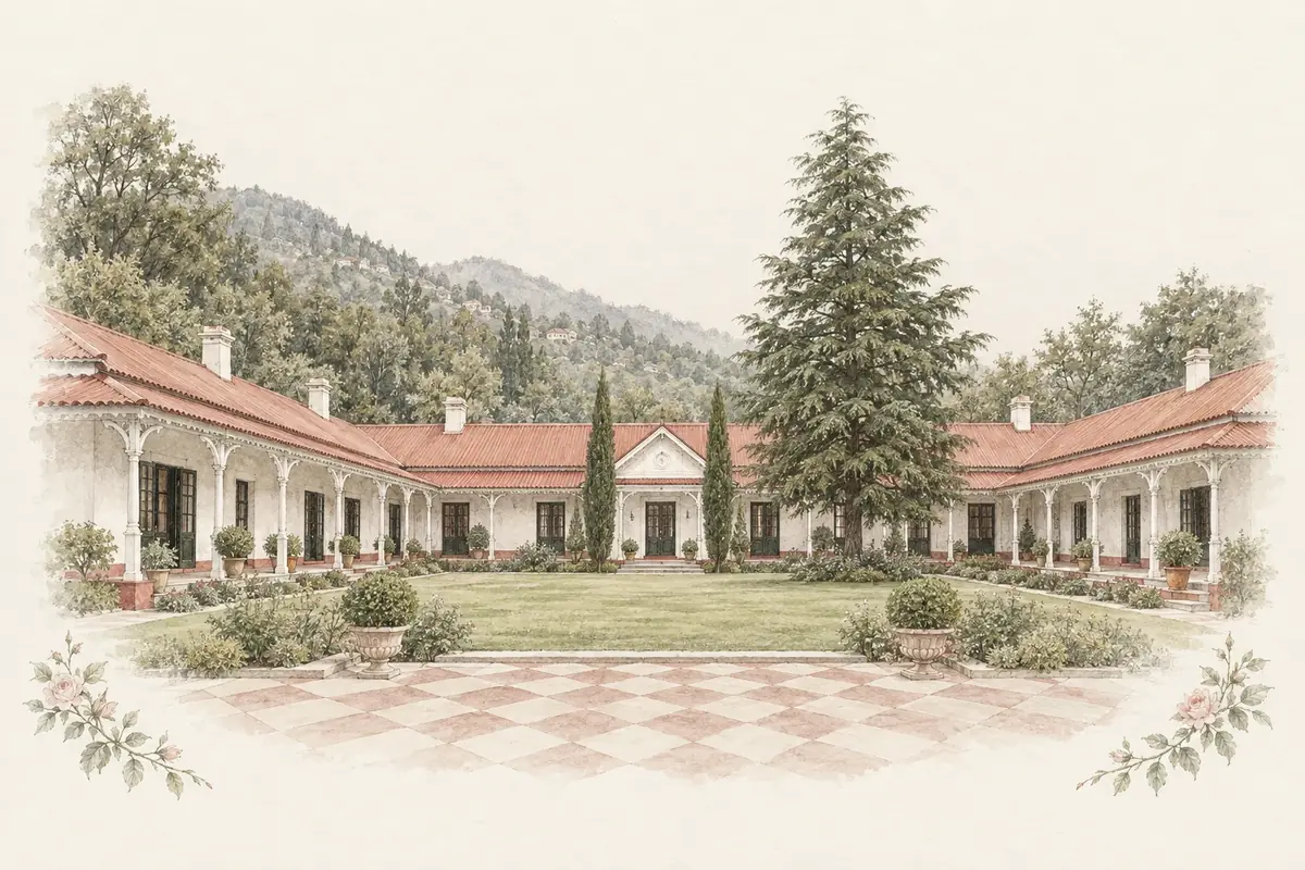 Watercolour of Nabha Residence and its garden courtyard